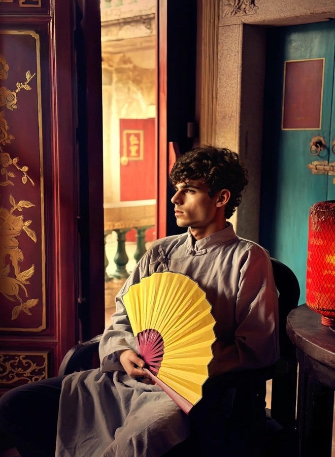 HONSHEN Folding Fan,Handheld Chinese Arts Fans,Bamboo Hard Paper Hand Fans with a Fabric Sleeve for Performance Decorations and Gifts,13inch (Yellow) - Image 5